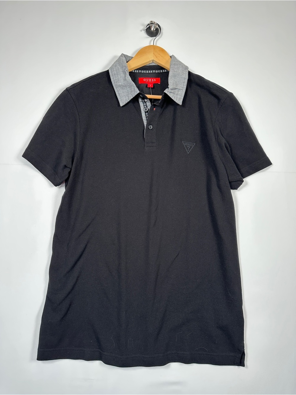 Guess Black Pique Cotton Polo Shirt Gray Contrast Collar L